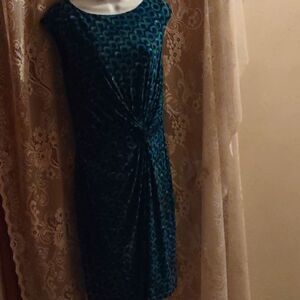 Lauren Size 10 cap sleeve pull-on blue green peacock print lined dress side knot